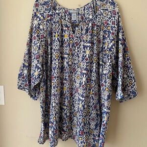 Catherines Navy, White & Mustard Geometric Peasant Tunic 5 X